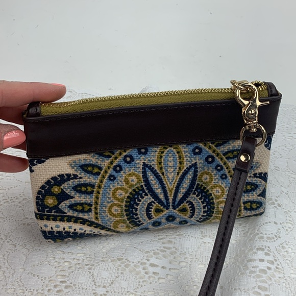 Spartina Linen & leather Wristlet Pouch bag Paisley Blue Tan Boho Gold Zipper - Picture 12 of 13
